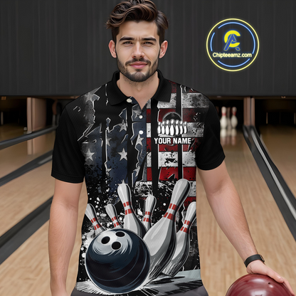 Custom Cracked US Flag Bowling Men Bowling Shirt Polo & Quarter-Zip Bowling Team Jerseys HNT86