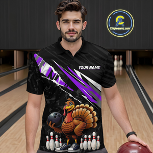 Custom Purple Funny Turkey Bowling Jersey for Men Thanksgiving Bowling Shirts Polo & 1/4 Zip HNT117