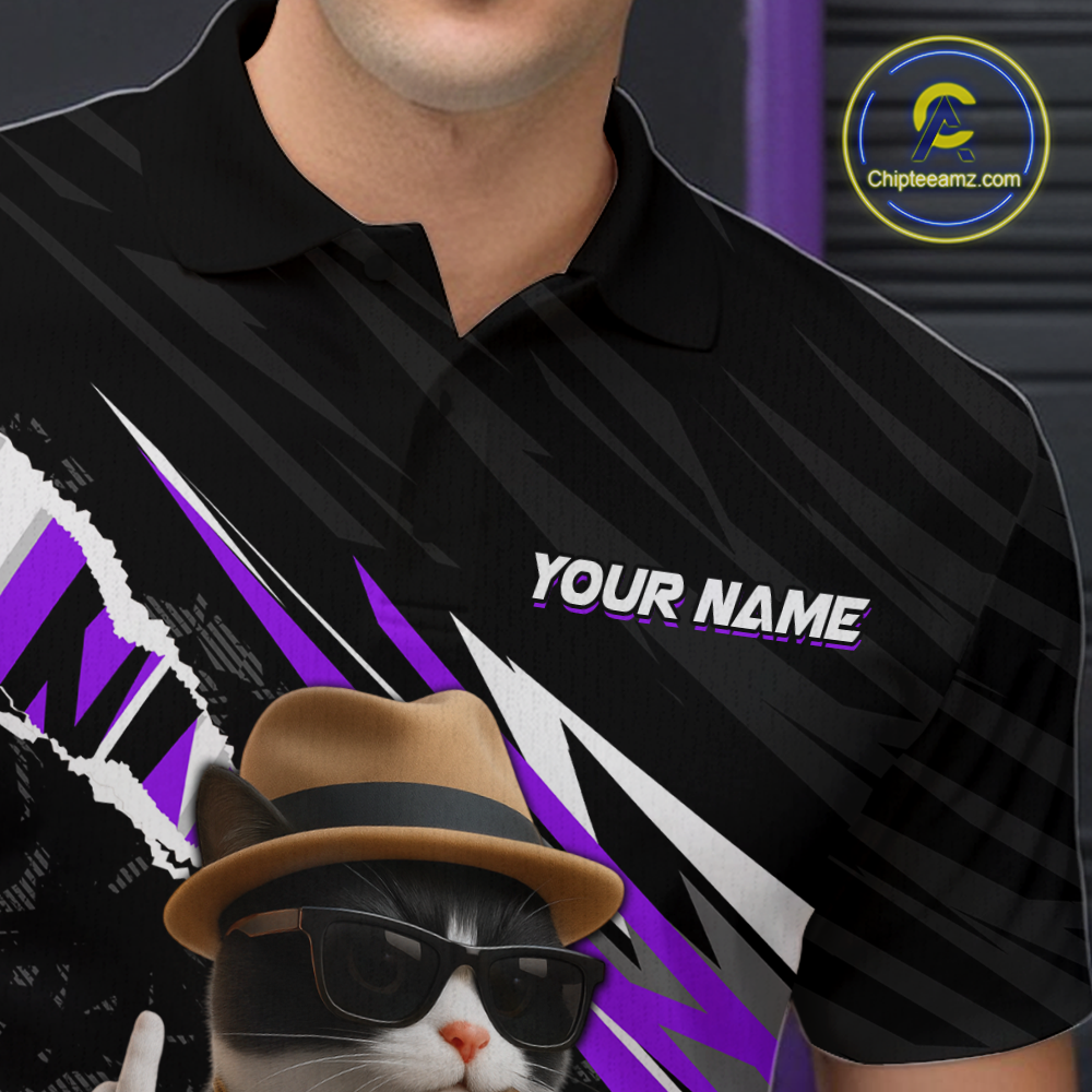 Custom Purple Funny Cat Bowling Jersey for Men Bowling Shirt Polo & 1/4 Zip Bowling Team Shirts HNT136