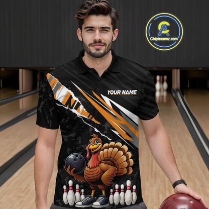 Custom Orange Funny Turkey Bowling Jersey for Men Thanksgiving Bowling Shirts Polo & 1/4 Zip HNT117
