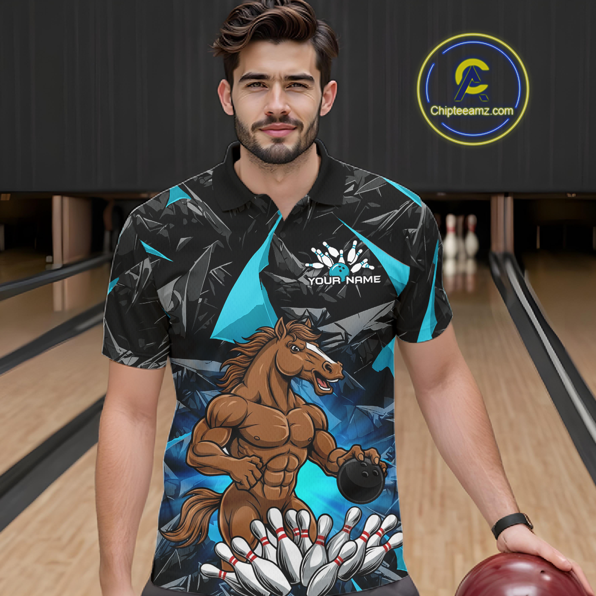 Custom Turquoise Funny Horse Bowling Jersey for Men Bowling Team Shirts Bowling League Polo & 1/4 Zip HNT183