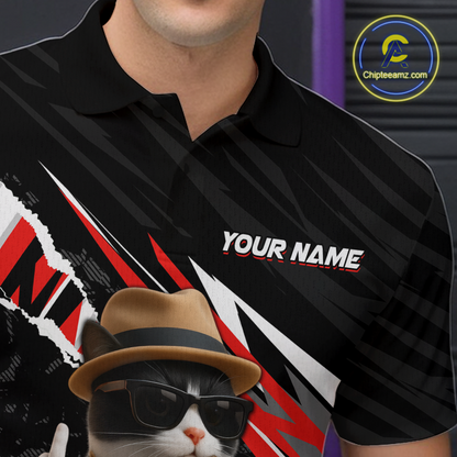 Custom Red Funny Cat Bowling Jersey for Men Bowling Shirt Polo & 1/4 Zip Bowling Team Shirts HNT136