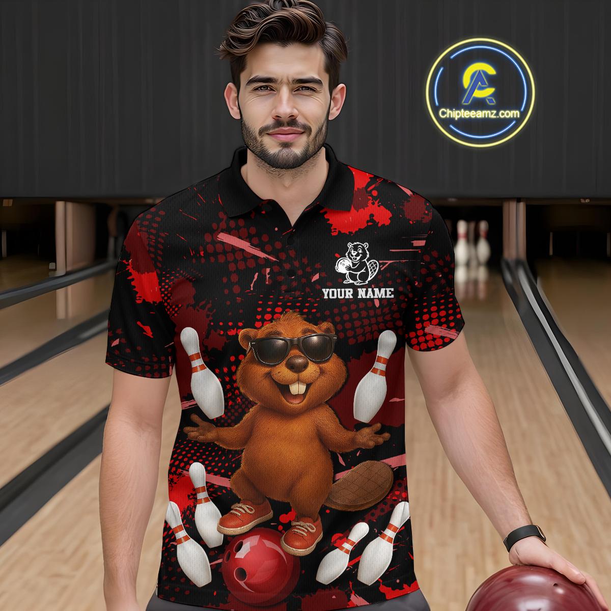 Custom Red Funny Beaver Bowling Team Shirt Men Bowling League Jersey Polo Bowling Outfit QZT764