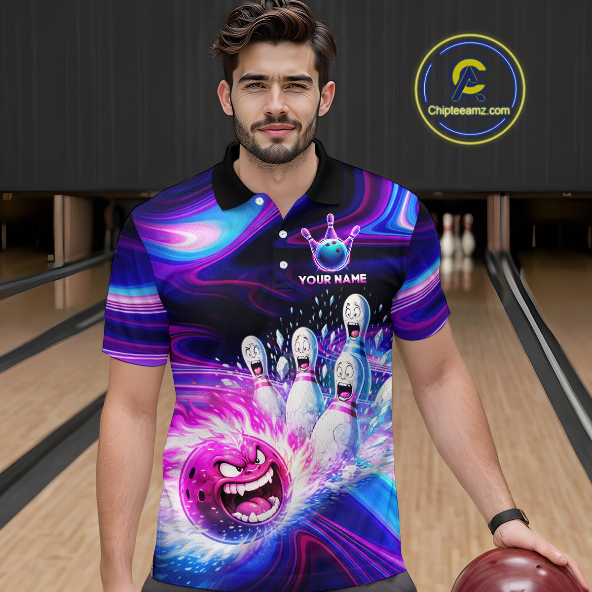 Custom Purple Blue Crazy Bowling Shirt for Men Polo & 1/4-Zip Bowling League Outfit QZT831