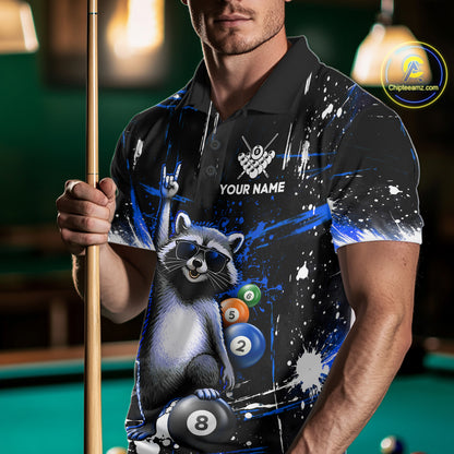 Custom Blue Funny Raccoon Billiard Shirt for Men 8 Ball Pool Billiard Jersey Polo & 1/4-Zip BHT5