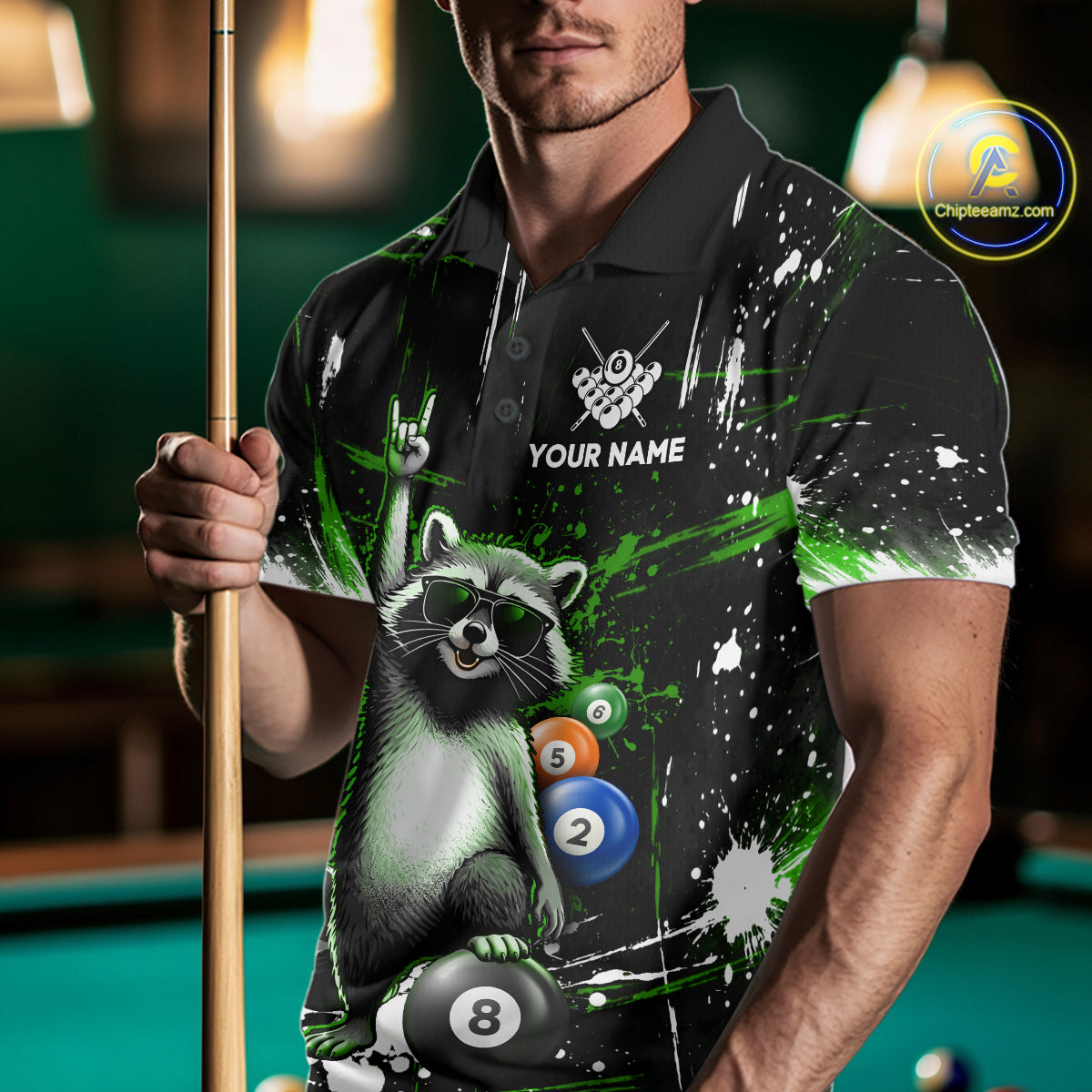 Custom Green Funny Raccoon Billiard Shirt for Men 8 Ball Pool Billiard Jersey Polo & 1/4-Zip BHT5