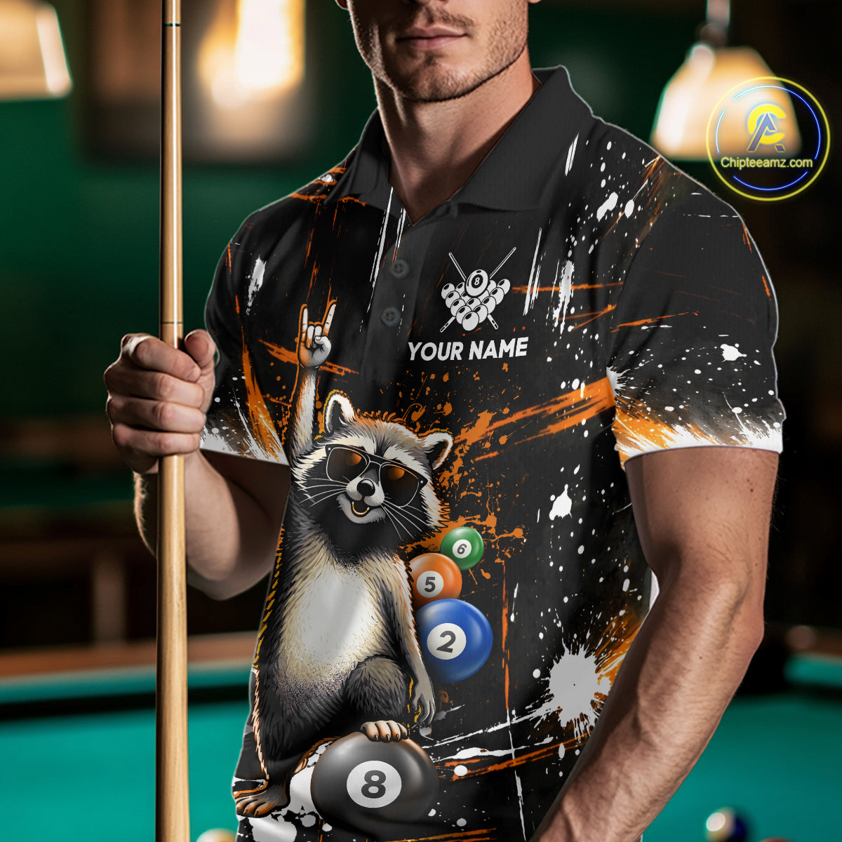 Custom Orange Funny Raccoon Billiard Shirt for Men 8 Ball Pool Billiard Jersey Polo & 1/4-Zip BHT5