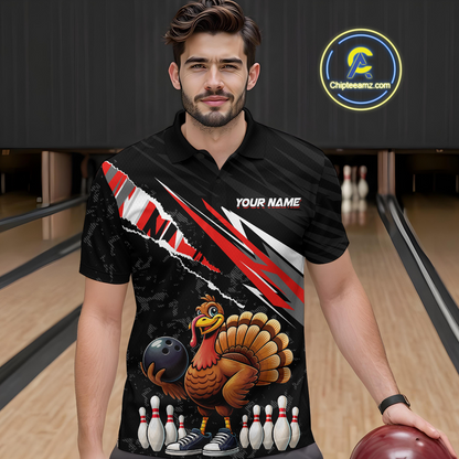 Custom Red Funny Turkey Bowling Jersey for Men Thanksgiving Bowling Shirts Polo & 1/4 Zip HNT117