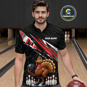 Custom Red Funny Turkey Bowling Jersey for Men Thanksgiving Bowling Shirts Polo & 1/4 Zip HNT117