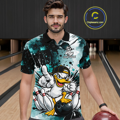 Custom Teal Funny Duck Bowling Jersey for Men Bowling Uniform Polo & 1/4 Zip Bowling Team Shirts HNT237