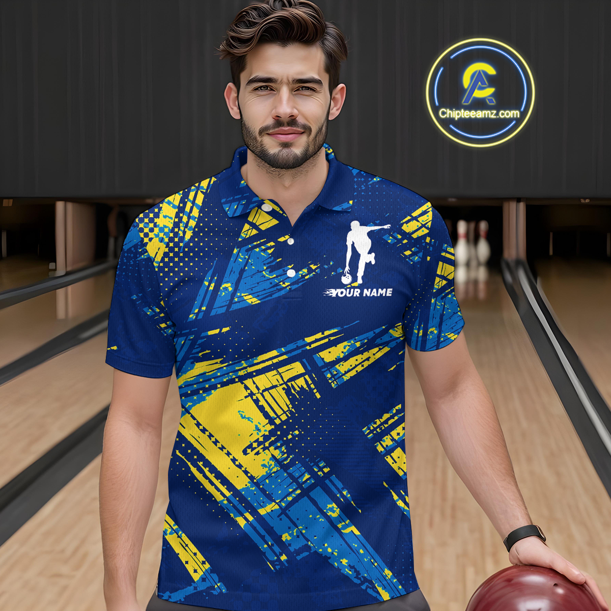 Custom Blue Yellow Bowling Jersey for Men Bowling Uniform Polo & 1/4 Zip Bowling Team Shirts HNT122