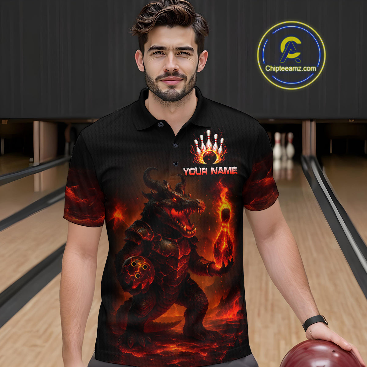 Personalized Red Flame Crocodile Bowling Team Shirt for Men Polo & Quarter-Zip Bowling Outfit QZT742