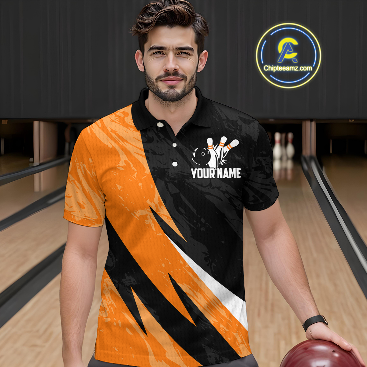Custom Orange Bowling Custom Men Bowling Shirt Polo & Quarter-Zip Bowling Team Jerseys HNT75