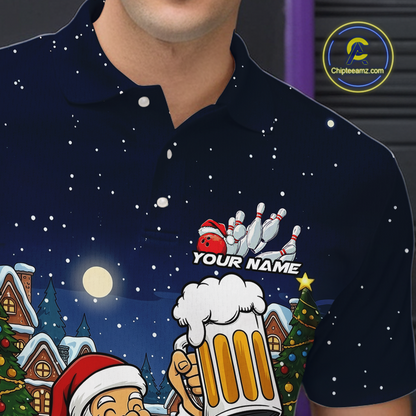 Custom Funny Beer Santa Christmas Bowling Jersey for Men Bowling Team Shirts Polo & 1/4 Zip HNT140