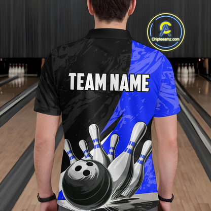 Custom Blue Bowling Custom Men Bowling Shirt Polo & Quarter-Zip Bowling Team Jerseys HNT75