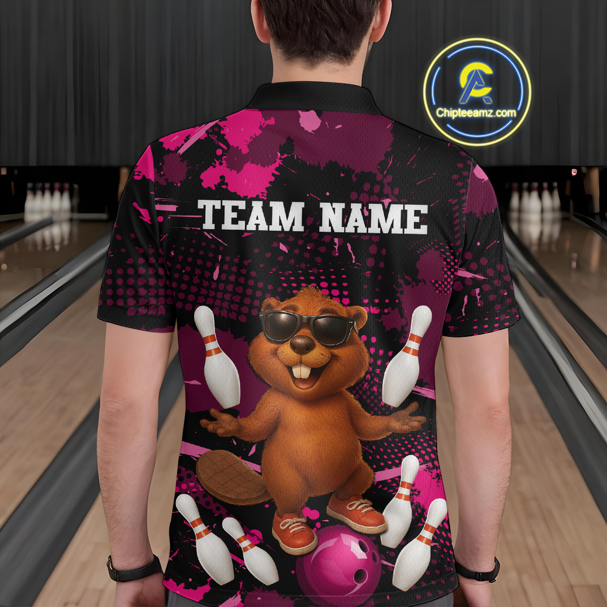 Custom Pink Funny Beaver Bowling Team Shirt Men Bowling League Jersey Polo Bowling Outfit QZT764