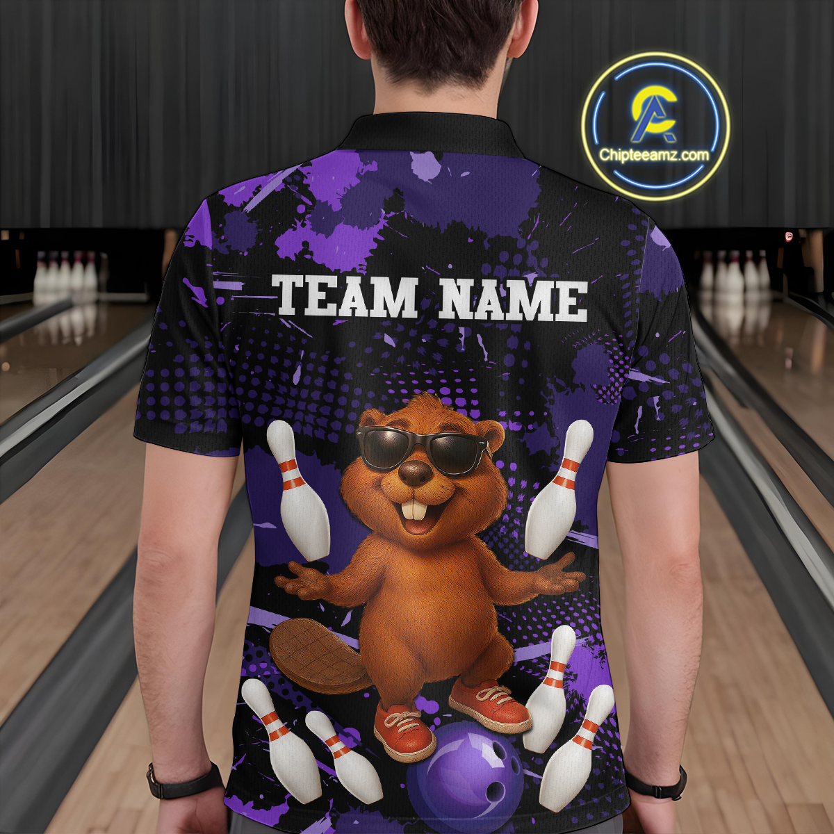 Custom Purple Funny Beaver Bowling Team Shirt Men Bowling League Jersey Polo Bowling Outfit QZT764
