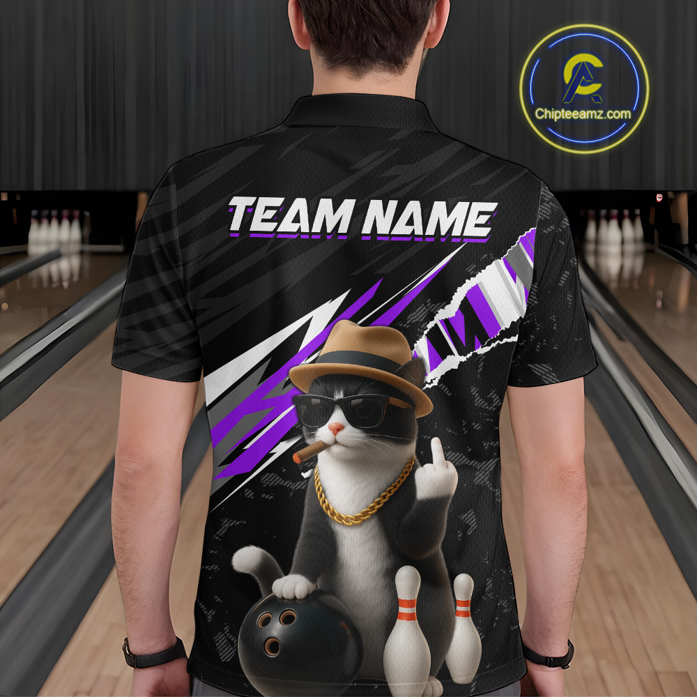 Custom Purple Funny Cat Bowling Jersey for Men Bowling Shirt Polo & 1/4 Zip Bowling Team Shirts HNT136