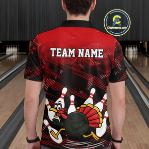 Custom Red Funny Turkey Bowling Jersey for Men Thanksgiving Bowling Team Shirts Polo & 1/4 Zip HNT125