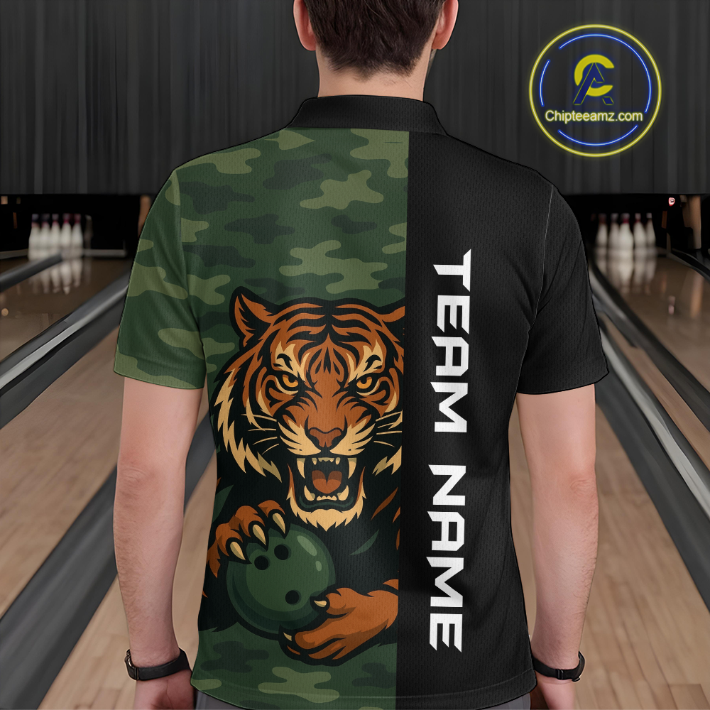 Custom Tiger Bowling Shirts for Team Women Men Camo Green Bowling Polo & 1/4 Zip Shirt MBL184