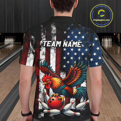 Custom Rooster US Flag Bowling Jersey for Men Bowling Team Shirts Bowling Polo & 1/4 Zip HNT259