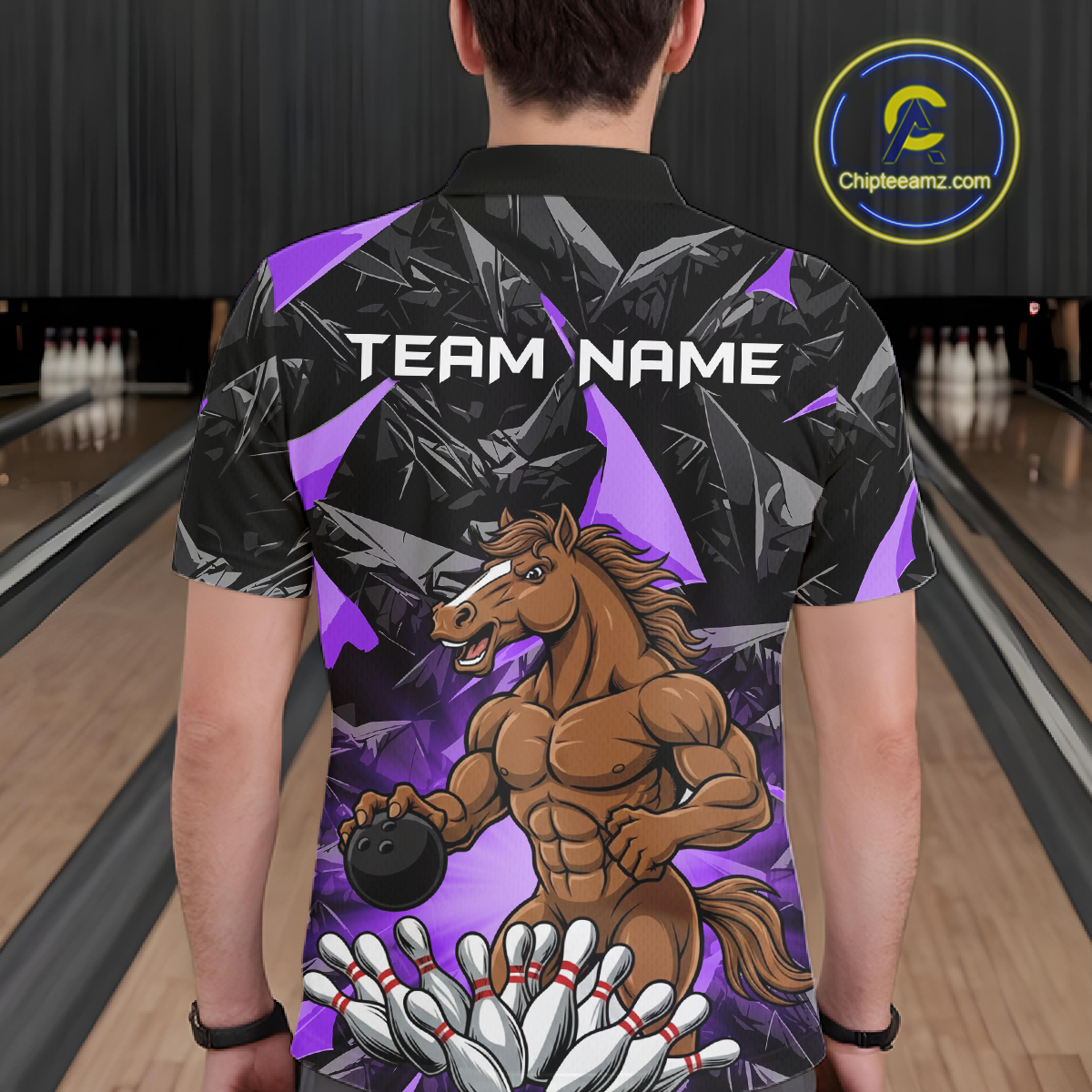 Custom Purple Funny Horse Bowling Jersey for Men Bowling Team Shirts Bowling League Polo & 1/4 Zip HNT183
