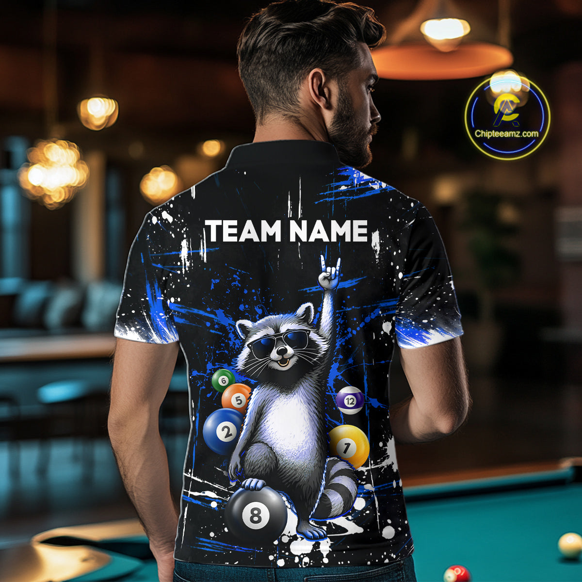Custom Blue Funny Raccoon Billiard Shirt for Men 8 Ball Pool Billiard Jersey Polo & 1/4-Zip BHT5