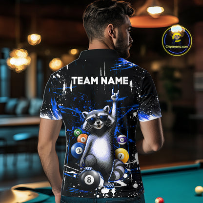 Custom Blue Funny Raccoon Billiard Shirt for Men 8 Ball Pool Billiard Jersey Polo & 1/4-Zip BHT5