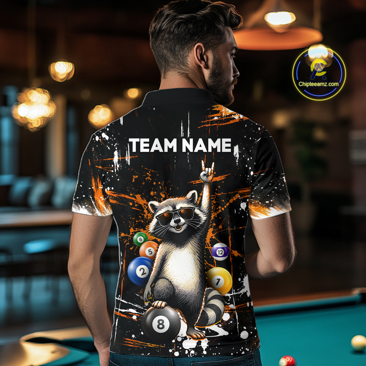 Custom Orange Funny Raccoon Billiard Shirt for Men 8 Ball Pool Billiard Jersey Polo & 1/4-Zip BHT5