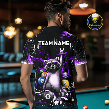 Custom Purple Funny Raccoon Billiard Shirt for Men 8 Ball Pool Billiard Jersey Polo & 1/4-Zip BHT5