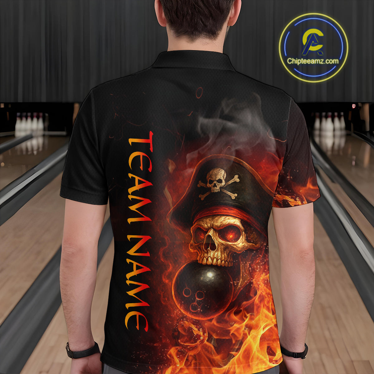 Orange Flame Pirate Skull Bowling Team Shirt for Men Bowling League Jersey Polo Bowling Outfit QZT763