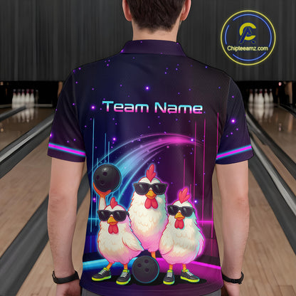 Neon Funny Family of Three Chicken Bowling Team Shirt for Men Bowling League Jersey QZT761