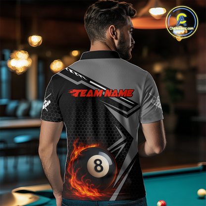 Personalized Grey 8 Ball Flame Billiard Shirts for Men, Billiard Team Polo & 1/4 Zip Shirts NNT65