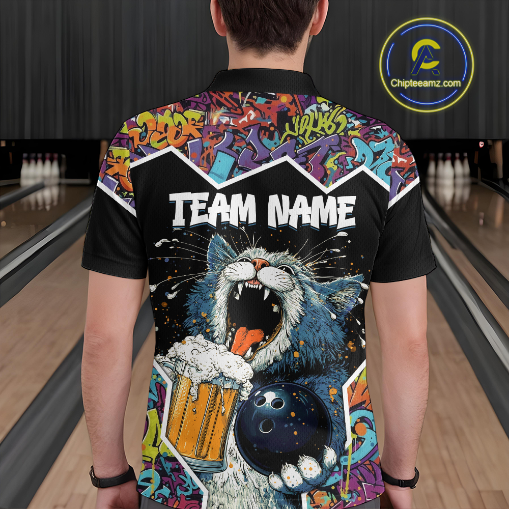 Custom Funny Cat Beer Bowling Jersey for Men Polo & 1/4 Zip Bowling Team Shirts HNT146