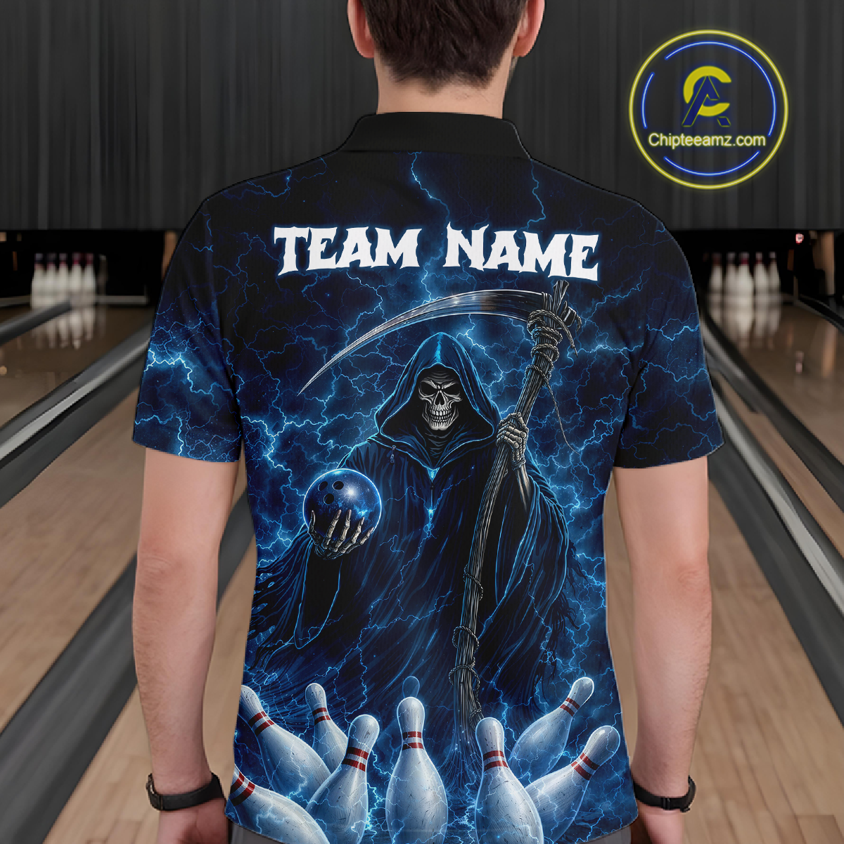 Blue Thunder Lightning Bowling Shirt for Men Bowling League Jersey Polo & Quarter-Zip Bowling Outfit QZT932