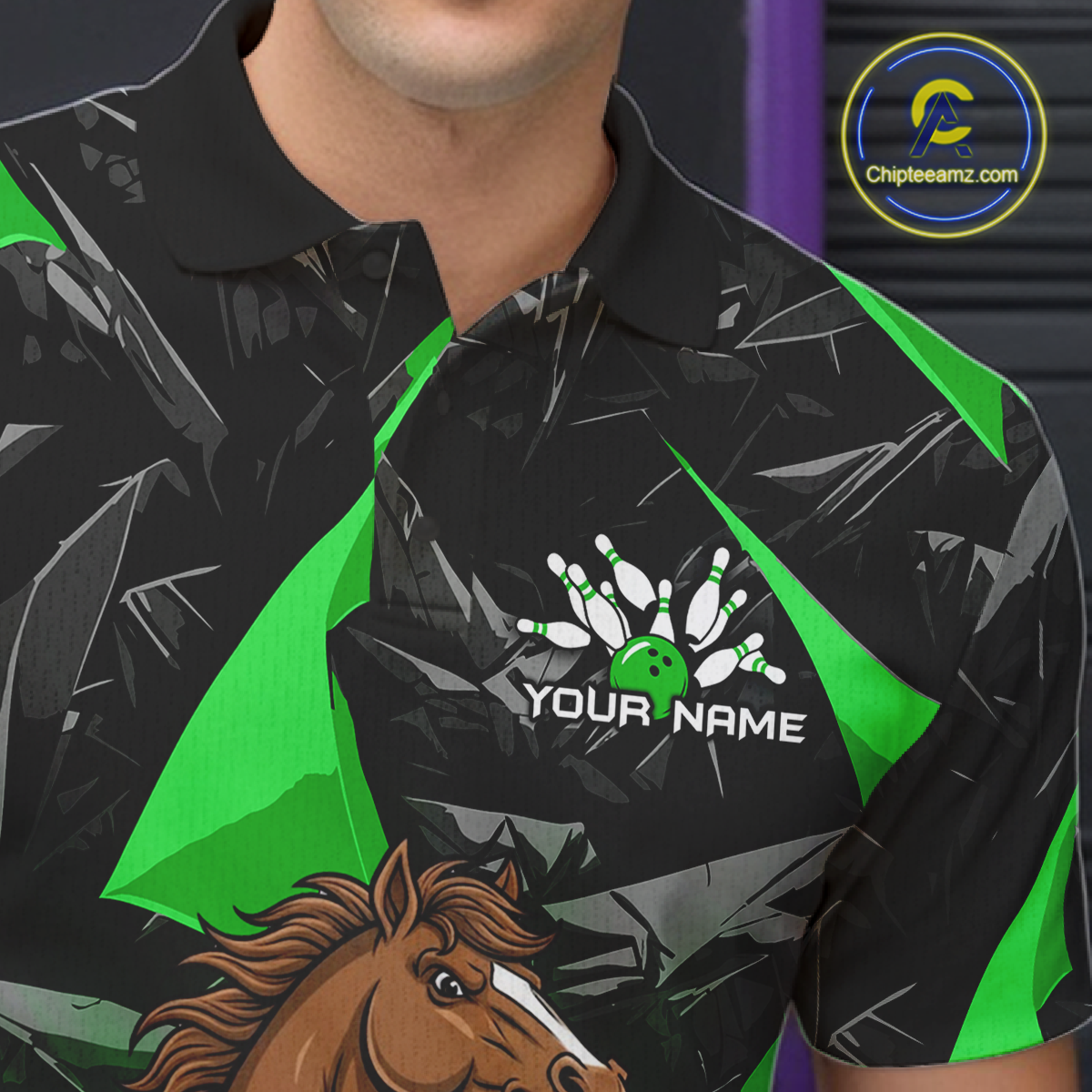 Custom Green Funny Horse Bowling Jersey for Men Bowling Team Shirts Bowling League Polo & 1/4 Zip HNT183