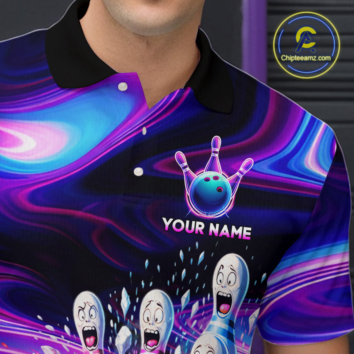 Custom Purple Blue Crazy Bowling Shirt for Men Polo & 1/4-Zip Bowling League Outfit QZT831