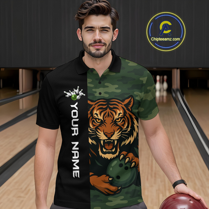 Custom Tiger Bowling Shirts for Team Women Men Camo Green Bowling Polo & 1/4 Zip Shirt MBL184