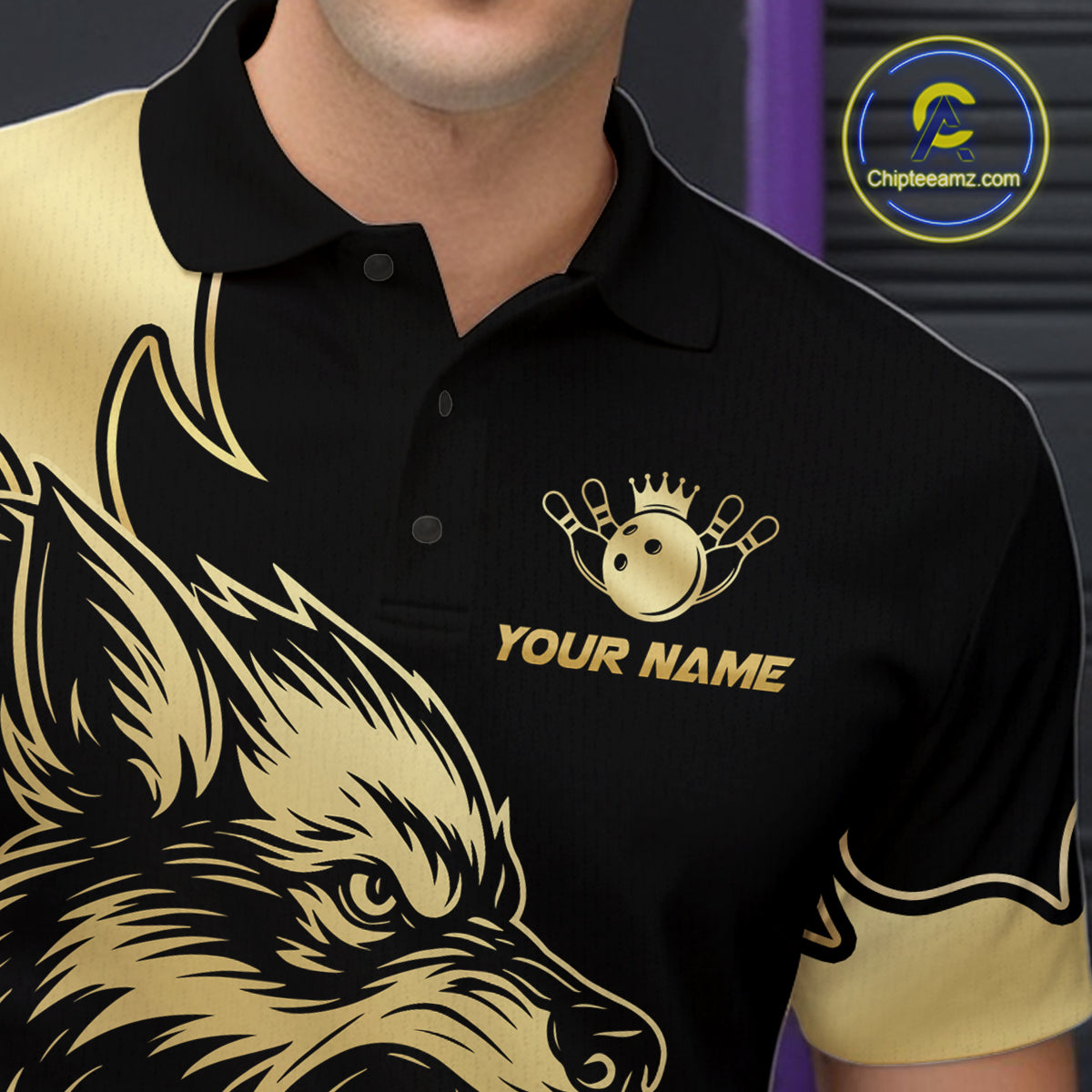 Gold Wolf Bowling Shirts for Team Women Men Custom Wolf Bowling Polo & Quarter Zip MBL194