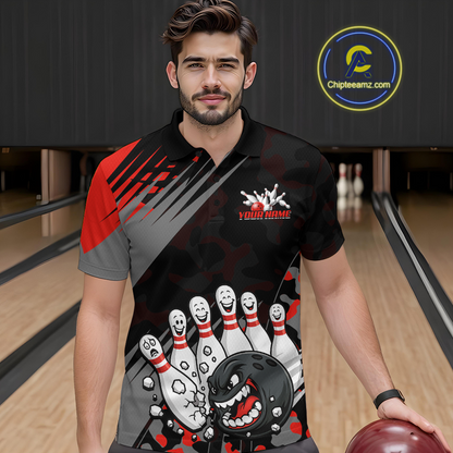 Custom Red Funny Bowling Shirt Crazy Bowling Jersey Men Polo & 1/4 Zip Bowling Outfit QZT785