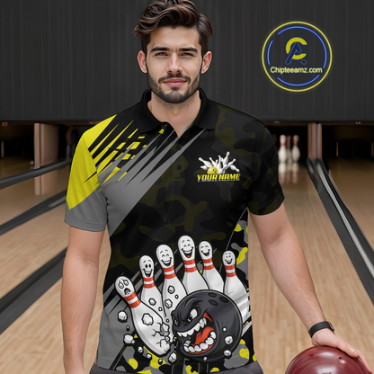 Custom Yellow Funny Bowling Shirt Crazy Bowling Jersey Men Polo & 1/4 Zip Bowling Outfit QZT785