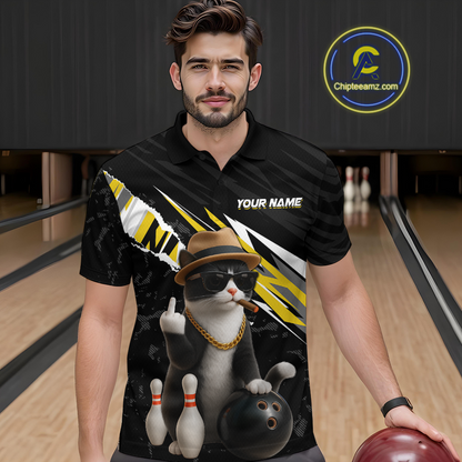 Custom Yellow Funny Cat Bowling Jersey for Men Bowling Shirt Polo & 1/4 Zip Bowling Team Shirts HNT136
