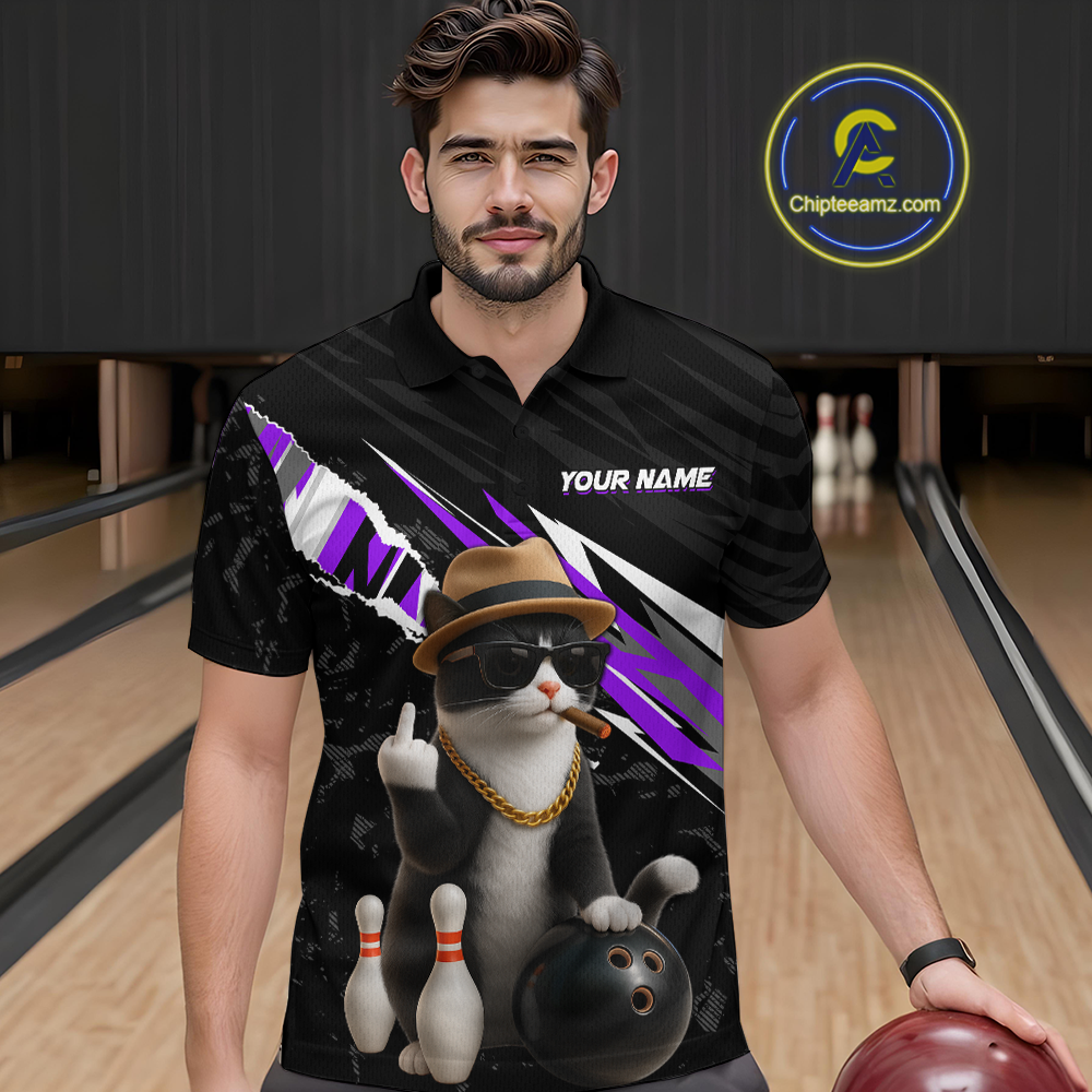 Custom Purple Funny Cat Bowling Jersey for Men Bowling Shirt Polo & 1/4 Zip Bowling Team Shirts HNT136