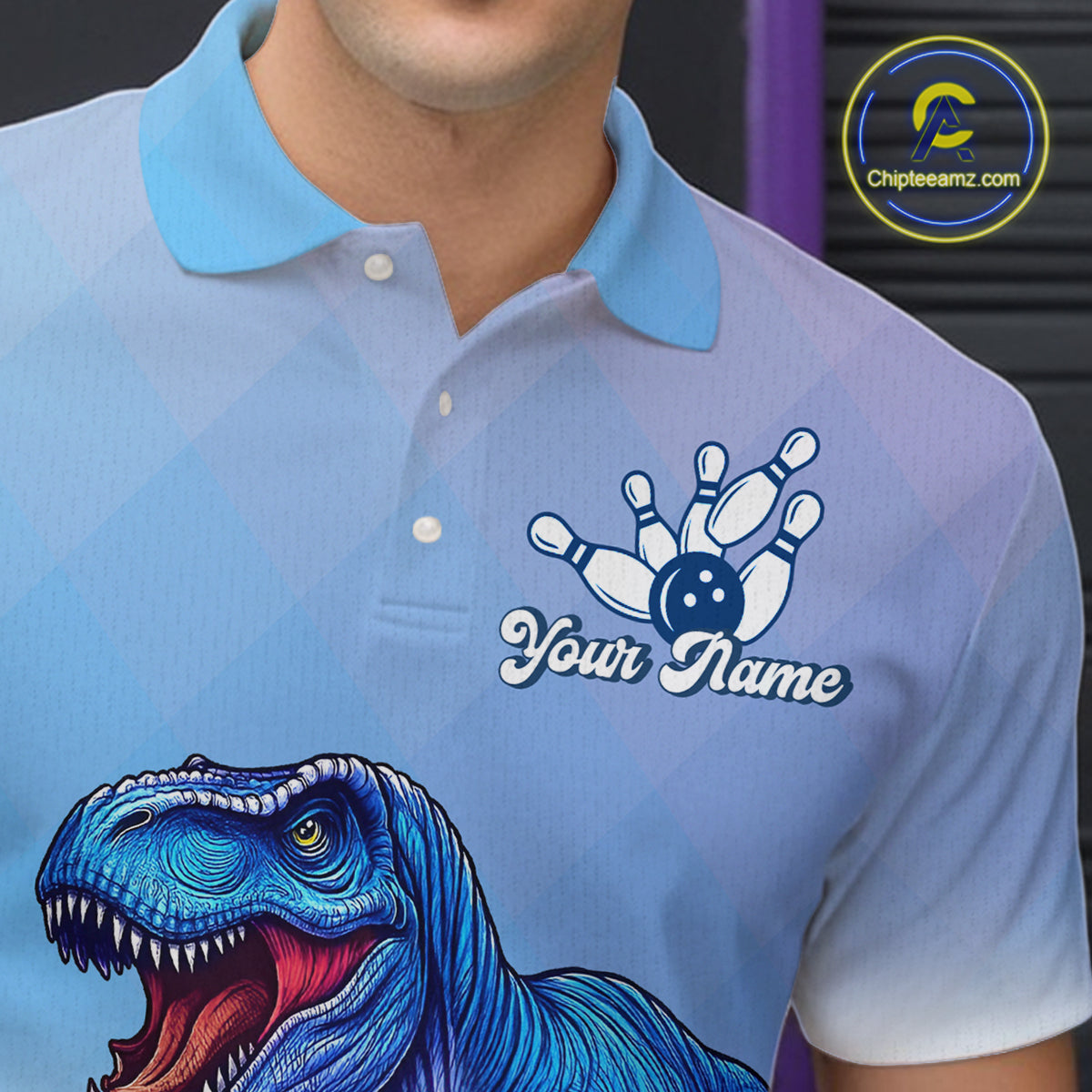 Blue Dinosaur Bowling Shirts for Men Women Custom Team Bowling Jerseys Polo and Zip Shirt MBL162