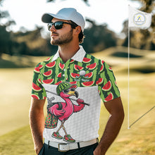 Load image into Gallery viewer, Golfing Flamingo Mens Funny Golf Polo Shirt Custom Green Pattern Watermelon Golf Ball Clothes Shirts NHT740