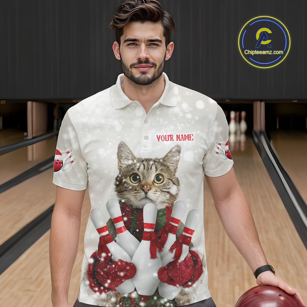 Custom Funny Cat Christmas Bowling Jersey for Men Polo & 1/4 Zip Bowling Team Shirts HNT145