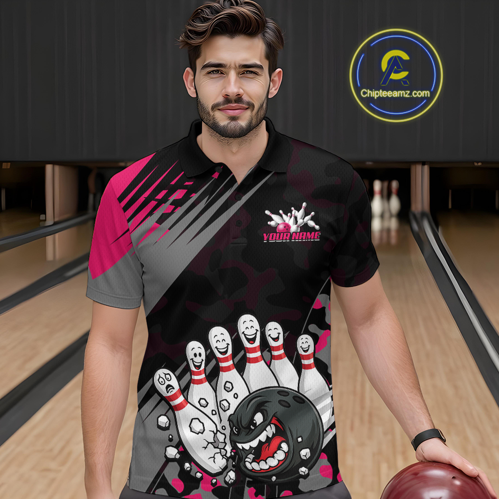 Custom Pink Funny Bowling Shirt Crazy Bowling Jersey Men Polo & 1/4 Zip Bowling Outfit QZT785