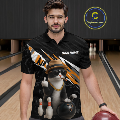 Custom Orange Funny Cat Bowling Jersey for Men Bowling Shirt Polo & 1/4 Zip Bowling Team Shirts HNT136