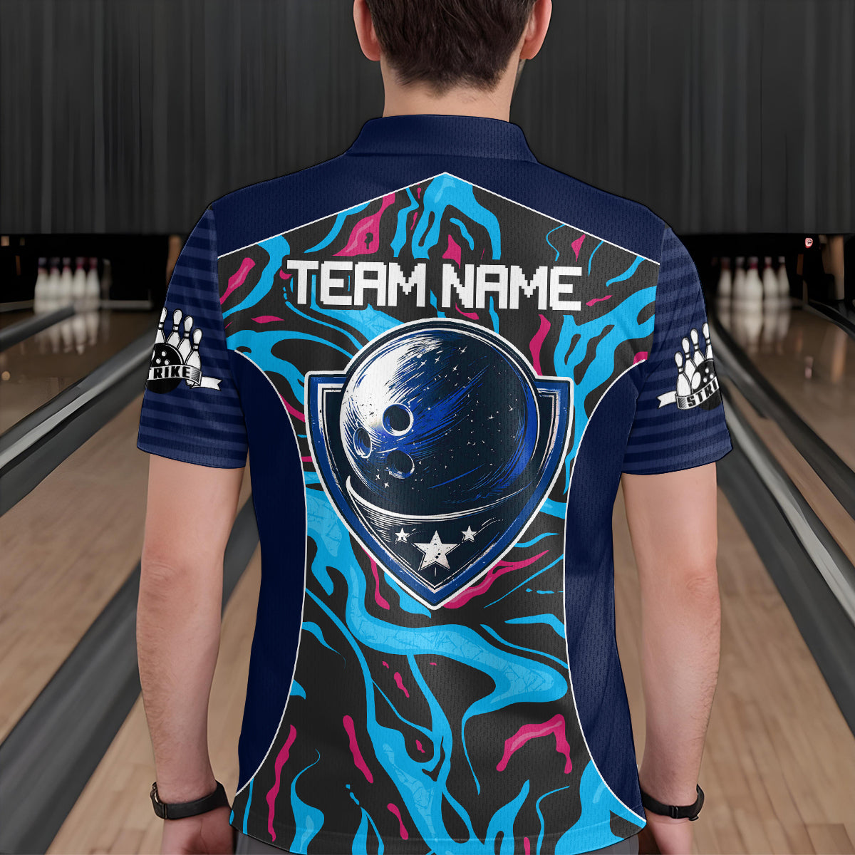 Custom Camo Pink & Teal Bowling Jersey Bowling Team League Polo Shirt for Men Women QZT665
