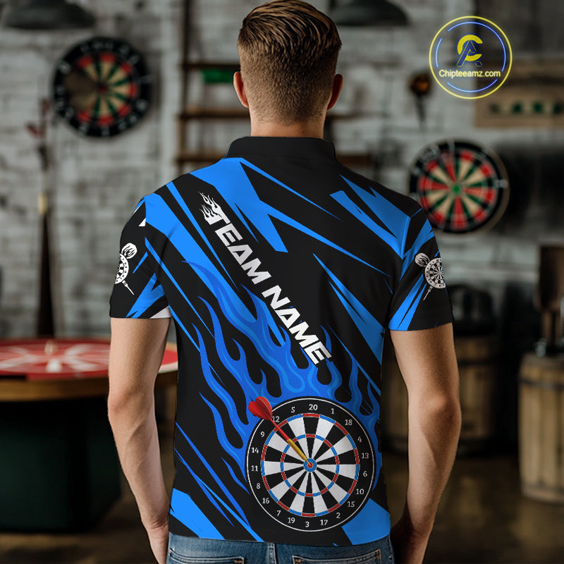 Blue Dartboard Flame Custom Dart Shirts For Men, Darts Team Jerseys Polo & Quarter Zip Shirts TDM4004